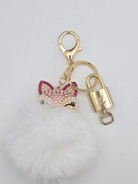 LV Authentic Gold Padlock 🔒 Key Set w/ Unbranded Fox Pom-pom Keychain Charm